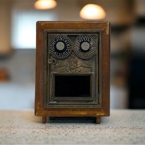 Antique Post Office Double Eagle Dial Door Coin Bank Wooden Box 7" x 5" x 6.5"